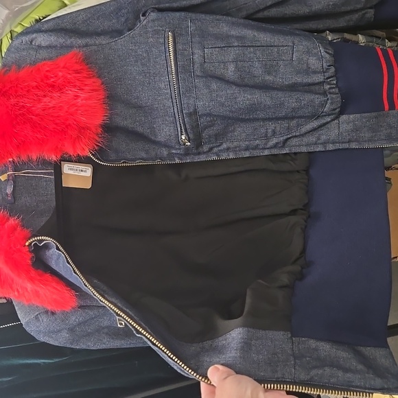 Harvey Faircloth Denim Bomber Jacket with Red Faux Fur Collar | Size 4, USA Made - Picture 3 of 4